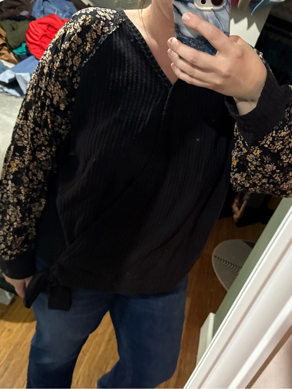Black V-Neck Top with Floral Puff Sleeves